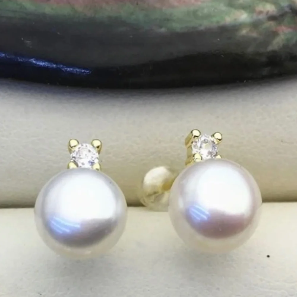8mm White Cultured Pearl Stud Earrings - 14K Yellow Gold Plate - CZ Accents